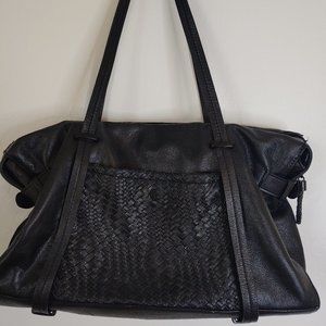 Black Leather Woven Shoulder HandBag Zip Top Tote